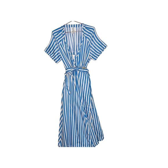 ROSIE ASSOULIN Blue White Striped Wrap Skort Side Slit V-Neckline Dress Size 6 - Picture 5 of 16